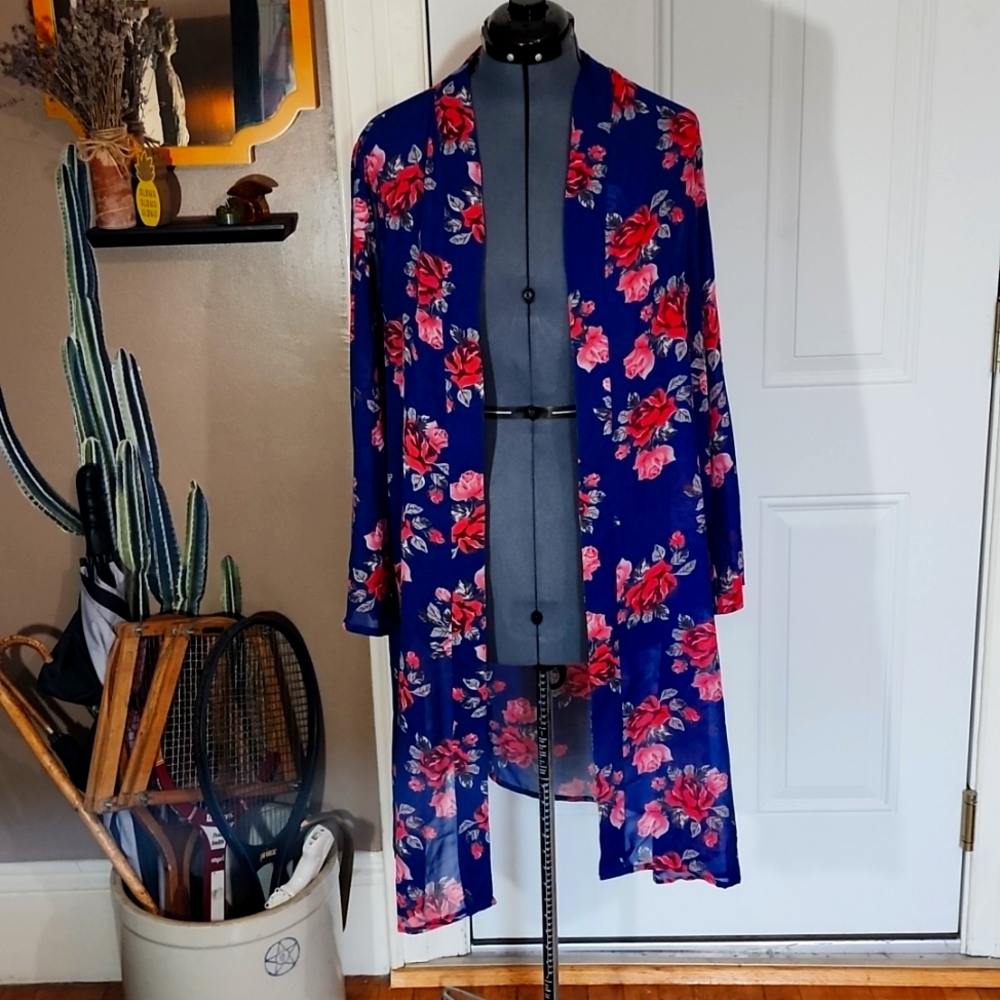 Sheer Navy Floral Kimono Duster